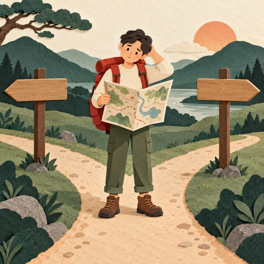 A confused traveler holds a map upside down at a fork