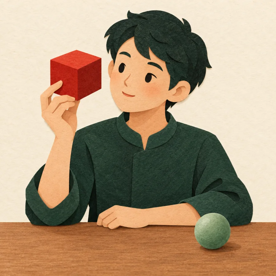 A person examines a smooth red cube