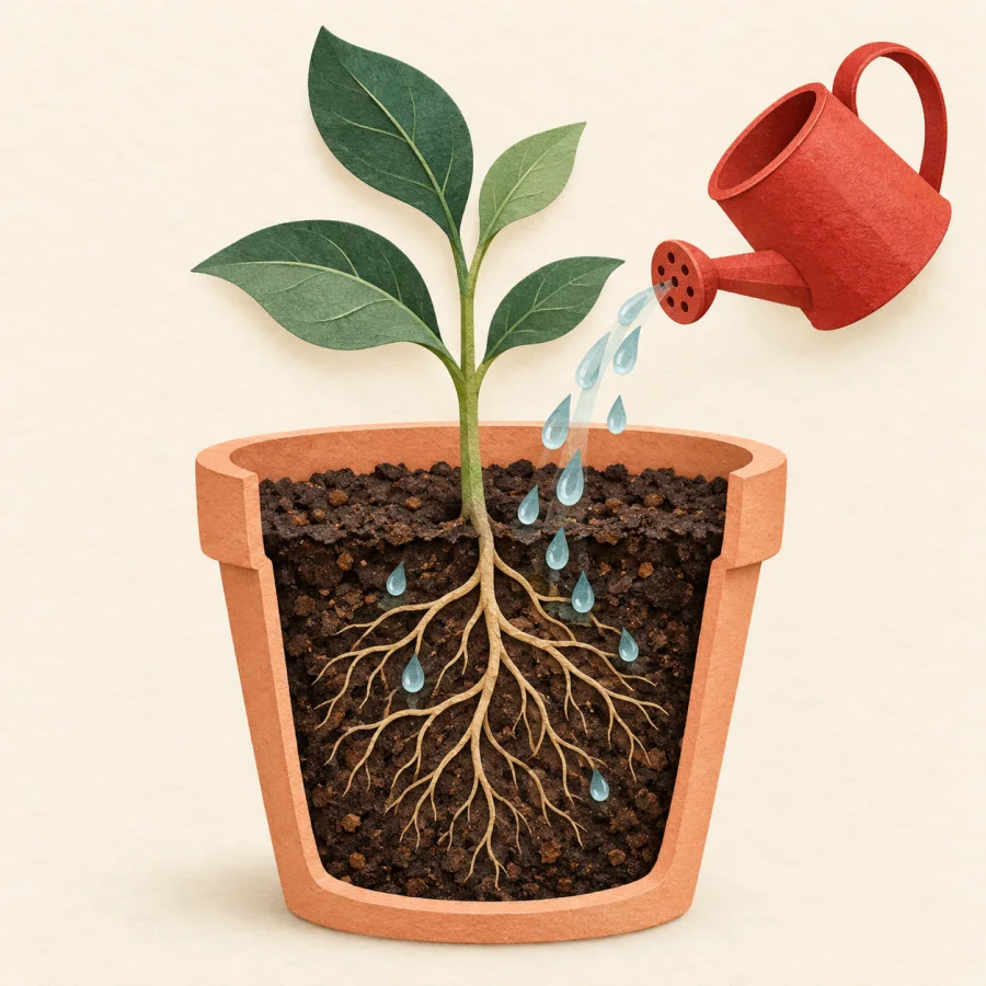 A potted sapling soaks up water from a red watering can