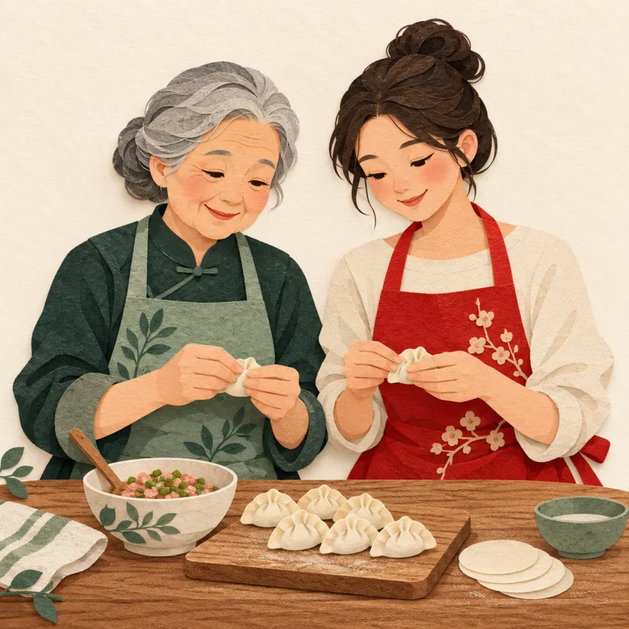 Two women make dumplings together at a table