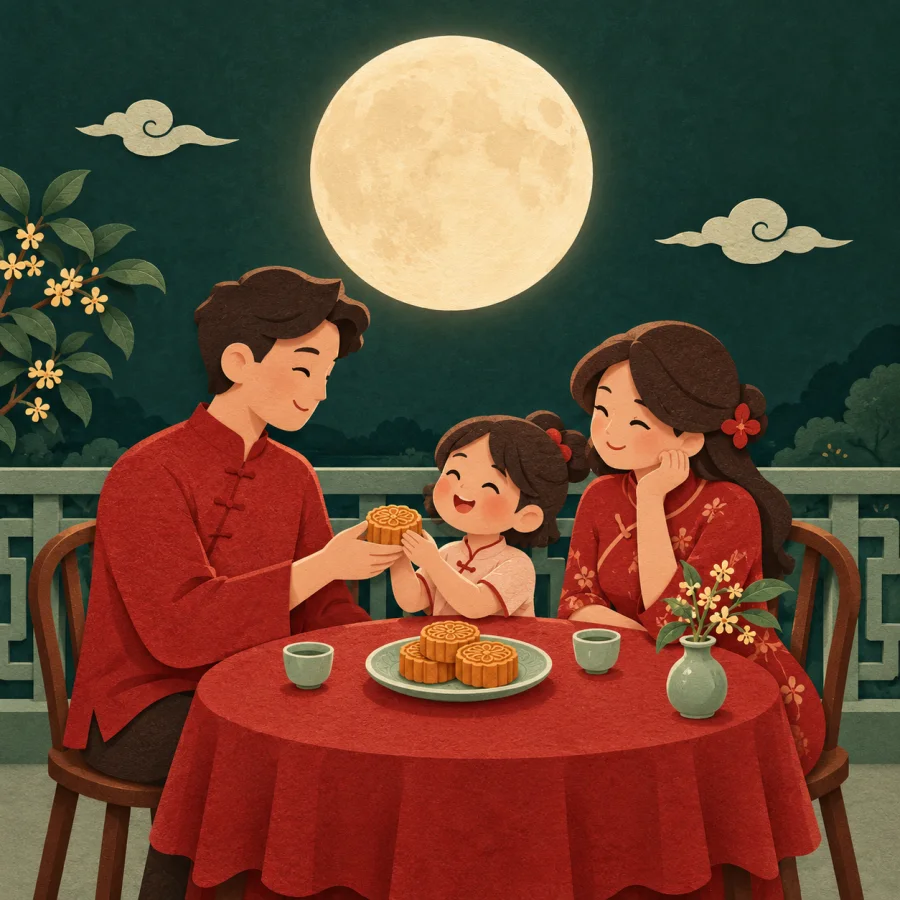 A family shares round mooncakes under a full moon