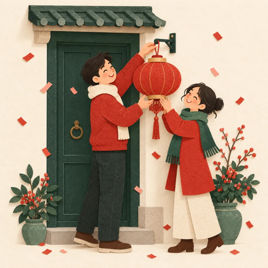 Two smiling people hang a red lantern at a door