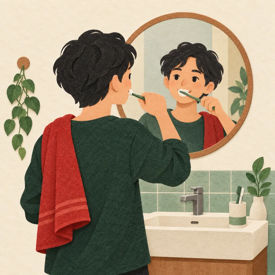 A person brushes their teeth at a sink, towel on shoulder