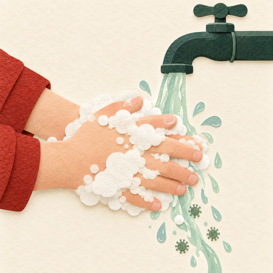 Soapy hands under a tap as germs wash away
