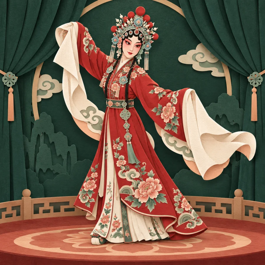 A performer in a red costume and tall headdress on stage