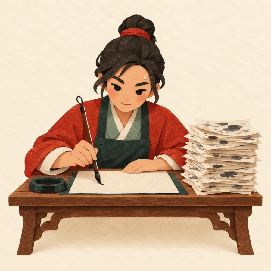 A focused person writes with a brush beside a tall pile of sheets