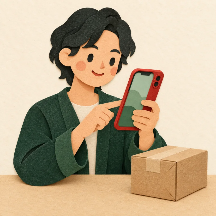 A person taps a phone screen as a parcel appears beside them