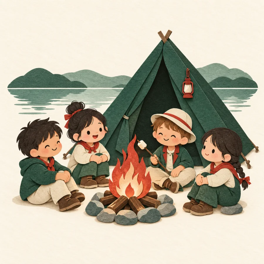 Children sit around a campfire beside a green tent