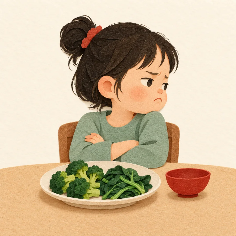 A child frowns and turns away from a plate of vegetables