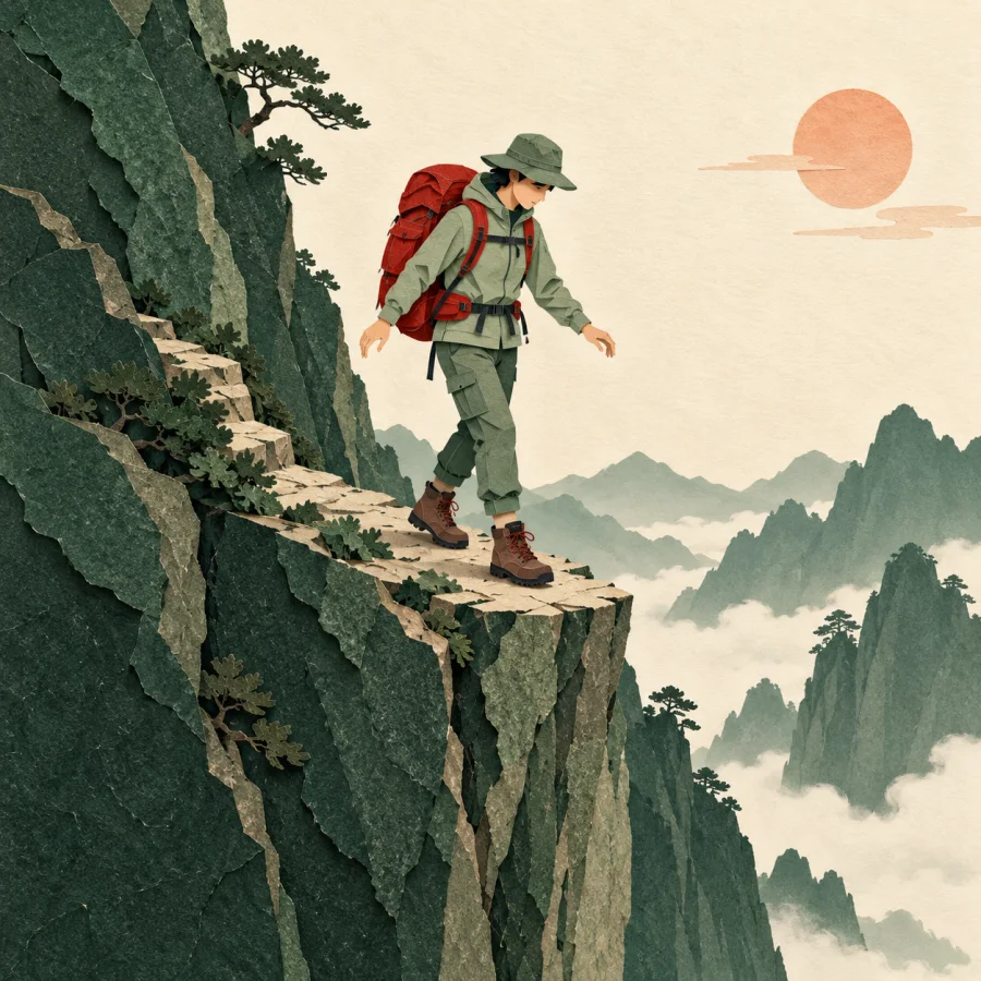 A hiker carefully walks along a narrow ledge above a drop