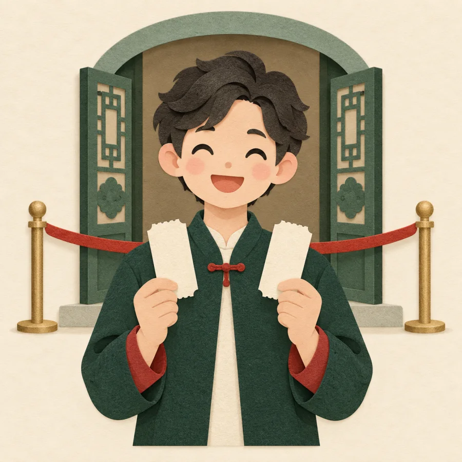 A person holding two tickets at a door with a red rope