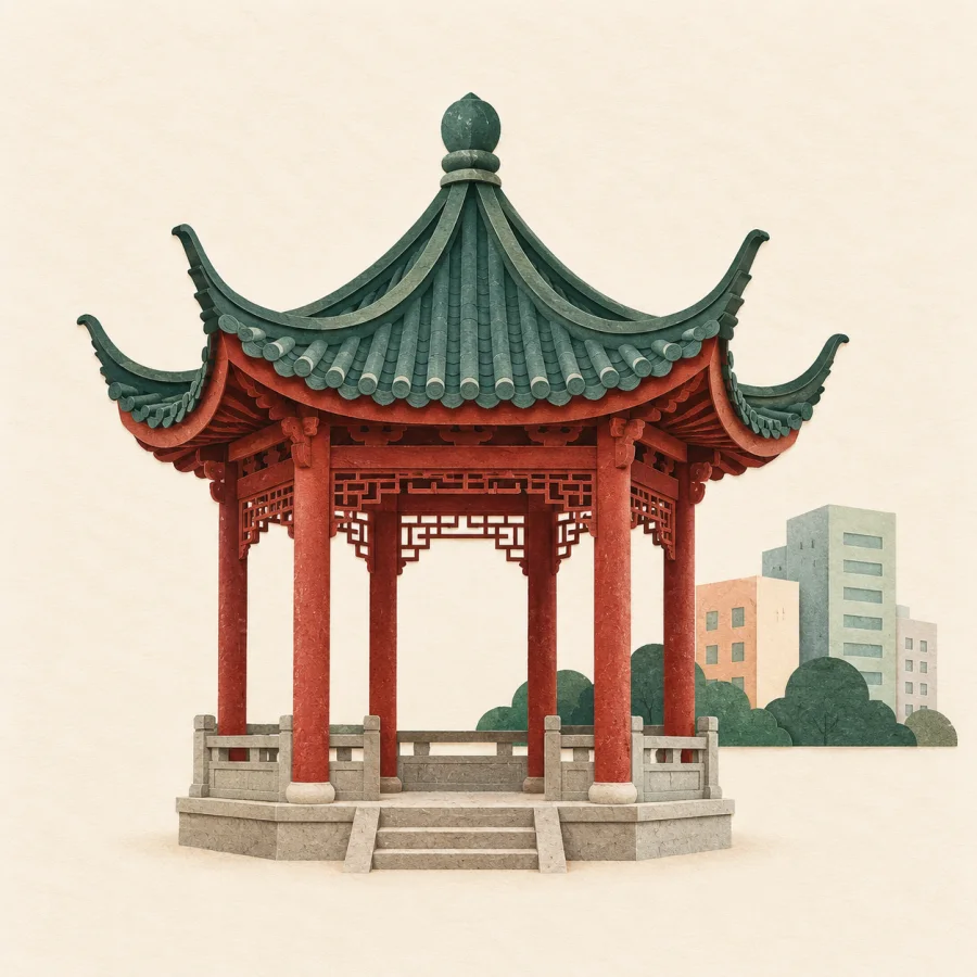 An old wooden pavilion beside modern buildings