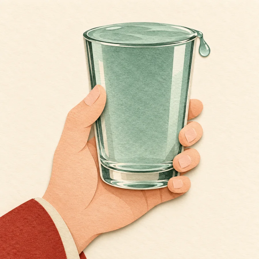 A hand holds a glass filled to the brim, a drop trembling