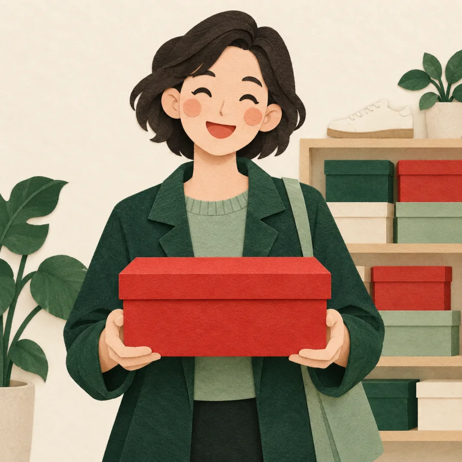 A shopper holds a shoebox by a shelf full of boxes