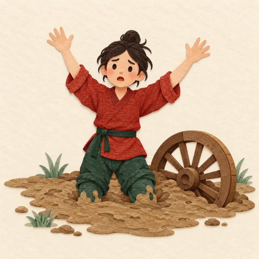 A person stuck knee-deep in mud beside a cart wheel
