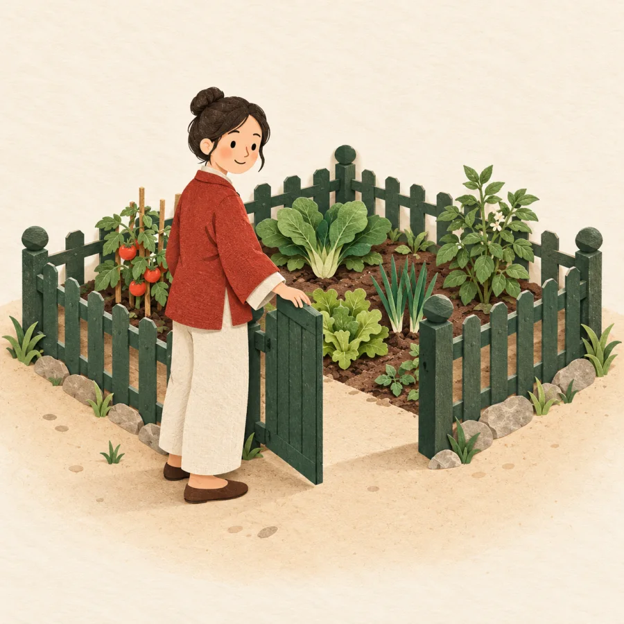 A person at the gate of a small fenced plot of plants
