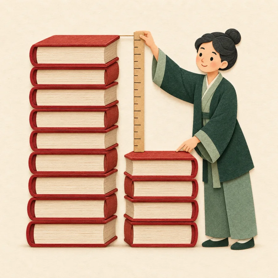 A person measures the gap between two stacks of books