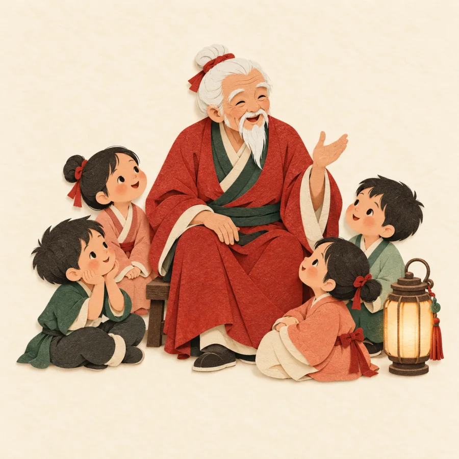 An old storyteller on a stool among listening children