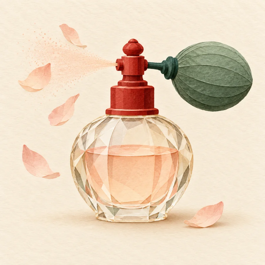 A glass perfume bottle with a sprayer and petals