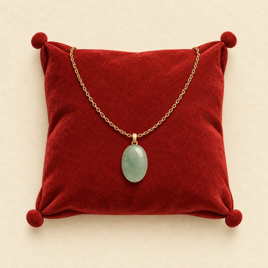 A necklace with a jade pendant on a red cushion