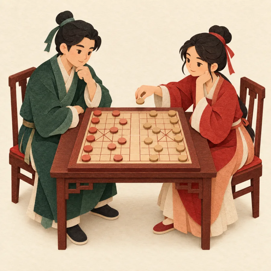 Two people play Chinese chess at a small table