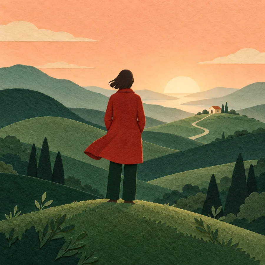A person on a hill gazes at a glowing horizon