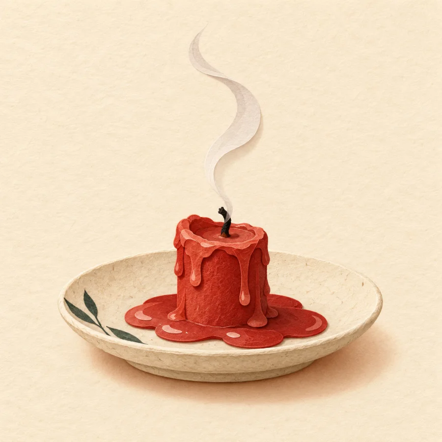 A candle burns down to a short stub on a saucer