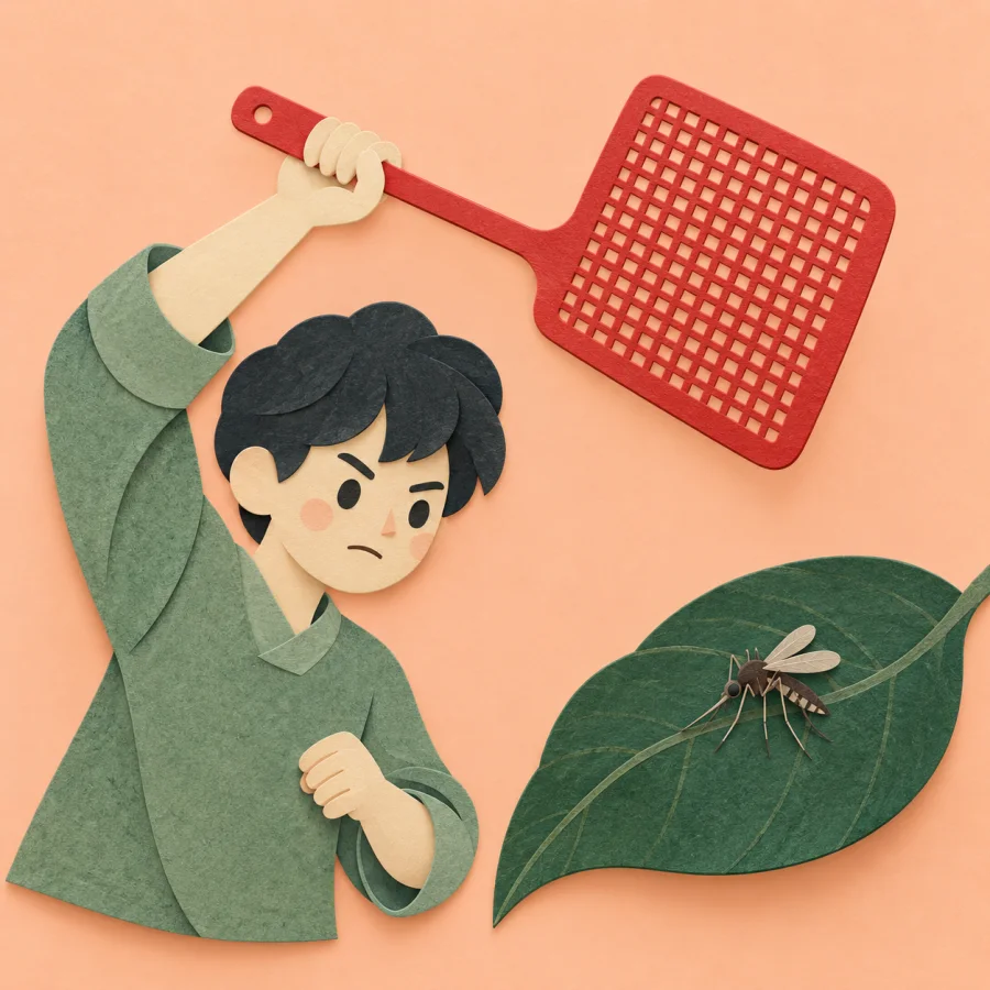 A person raises a flyswatter over a mosquito