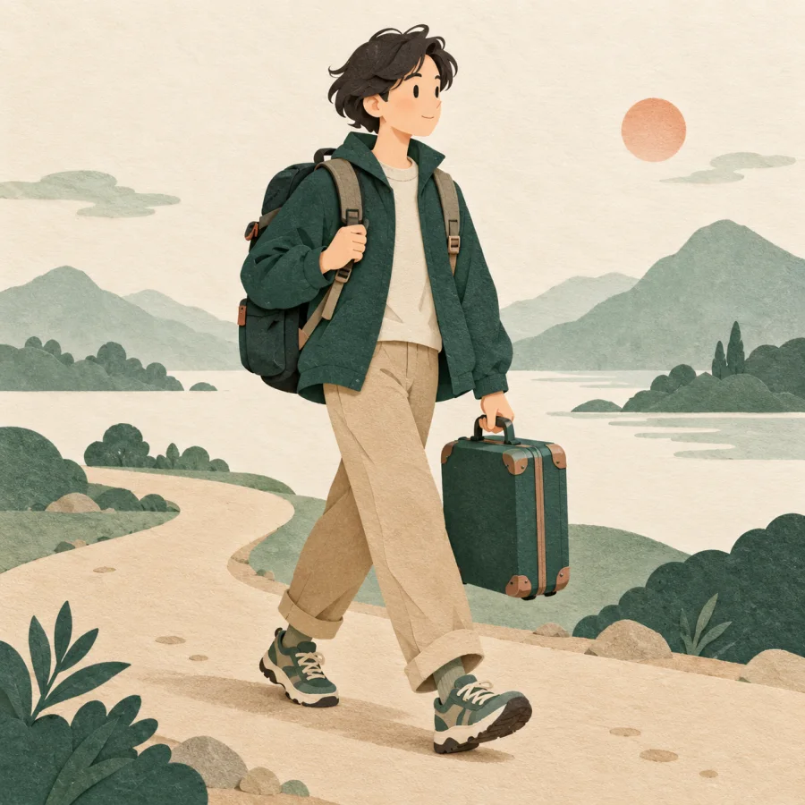 A traveler walks with a backpack and a small suitcase