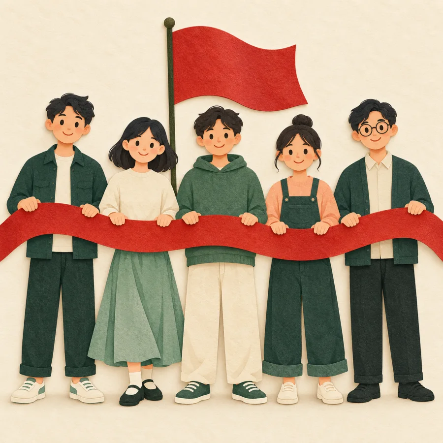 Several people hold one long ribbon together