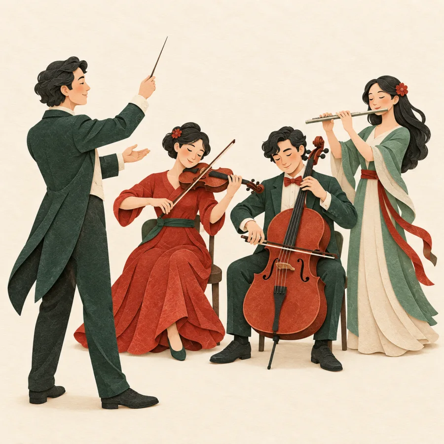 A conductor leads three musicians with a baton