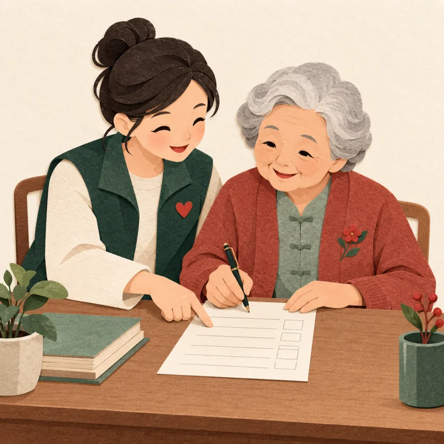 A volunteer helps an older person fill in a form