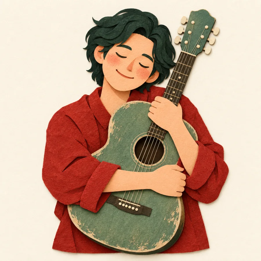 A person tenderly cradles a favourite guitar