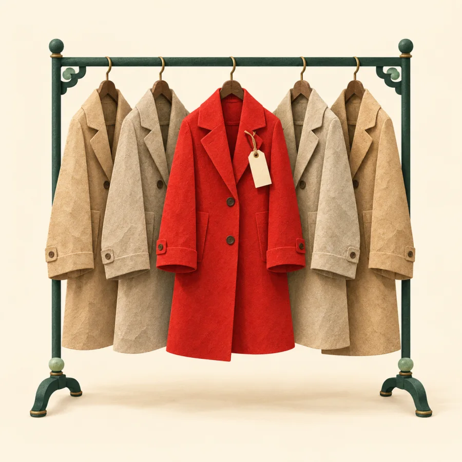 A bright new coat among older plain ones on a rack