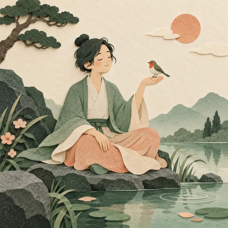 A person sits calmly with closed eyes and a small bird