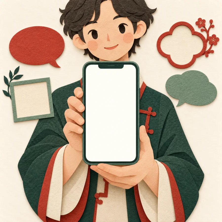 A person holds a smartphone with floating frames around it