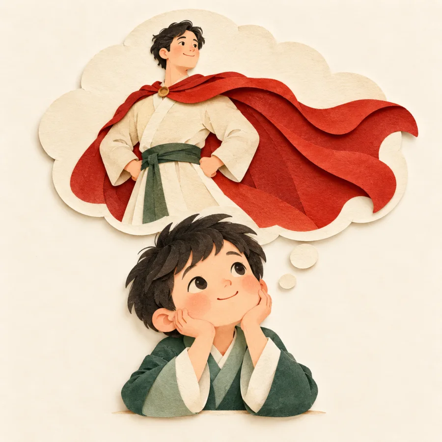 A child looks up at a thought cloud showing a caped parent