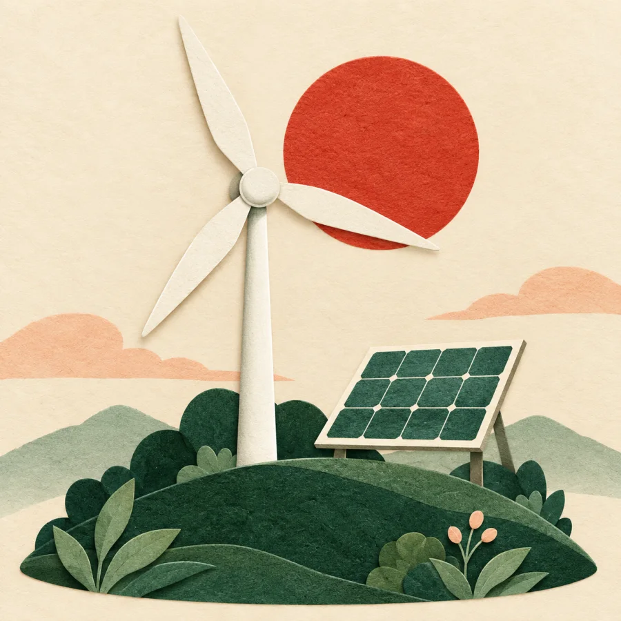 A wind turbine and a solar panel on a green hill