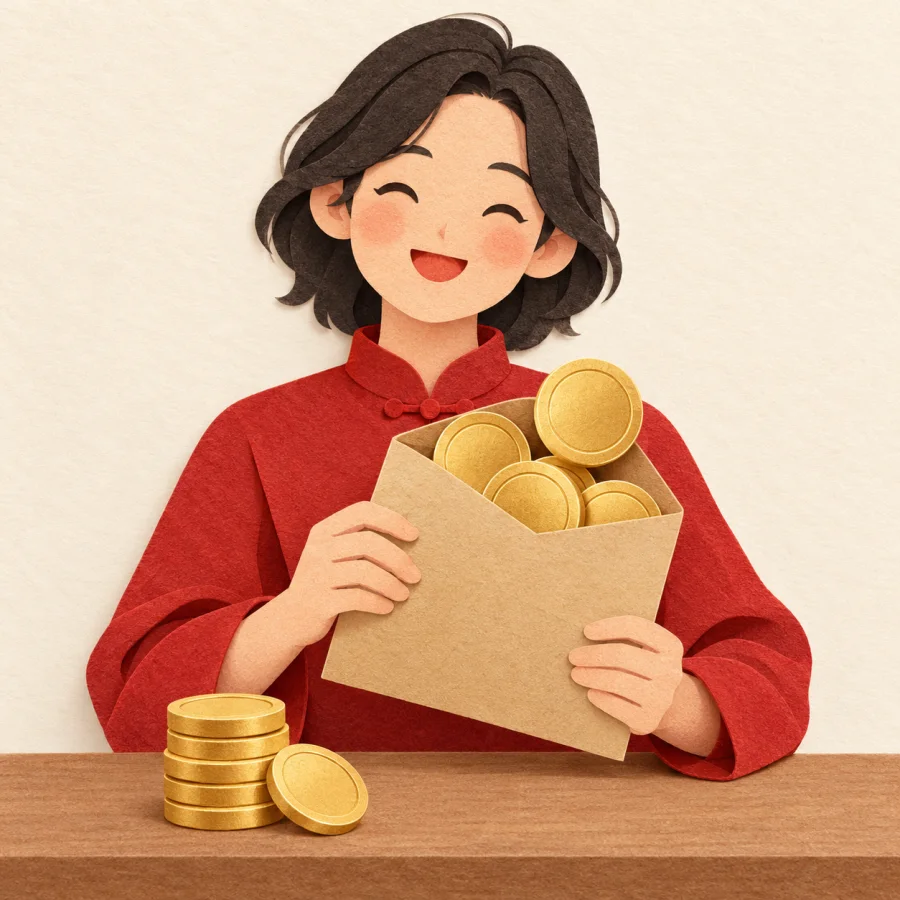 A person happily holds a plump envelope of coins