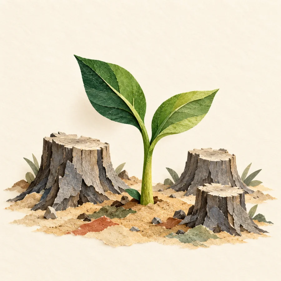 A green sprout pushes up beside old stumps