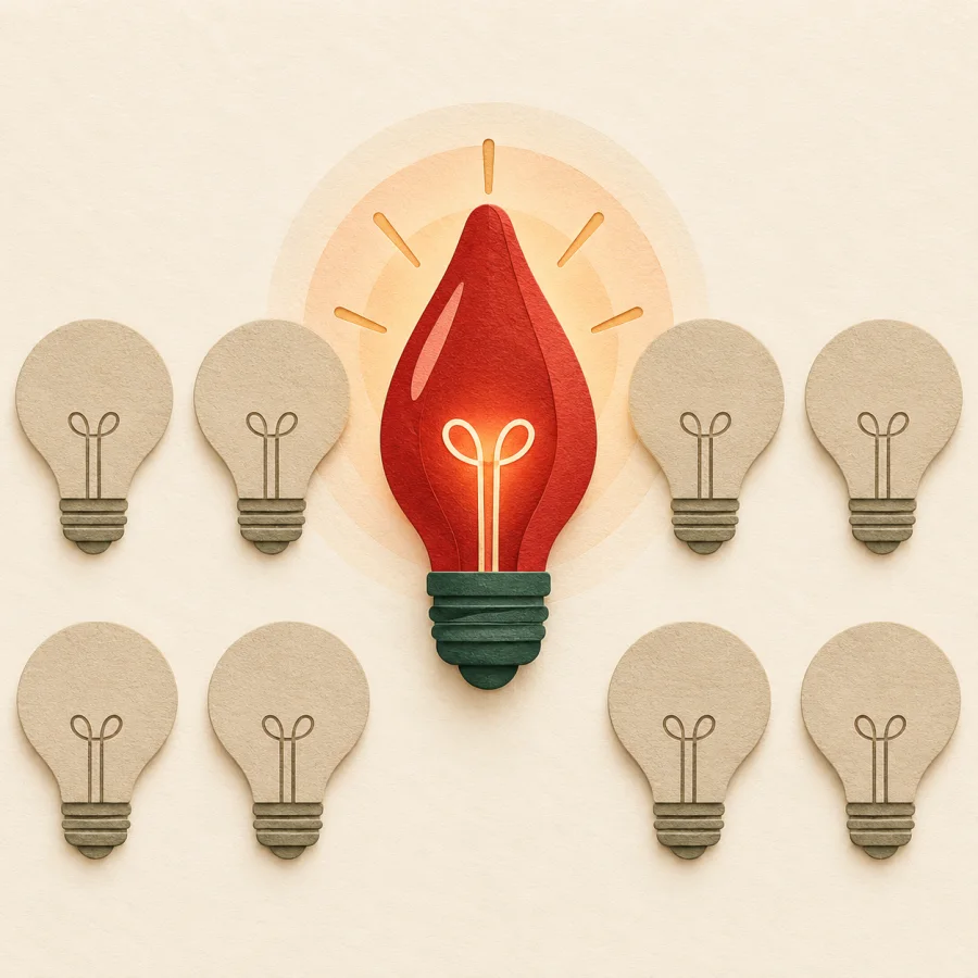 A uniquely shaped glowing bulb among identical plain ones