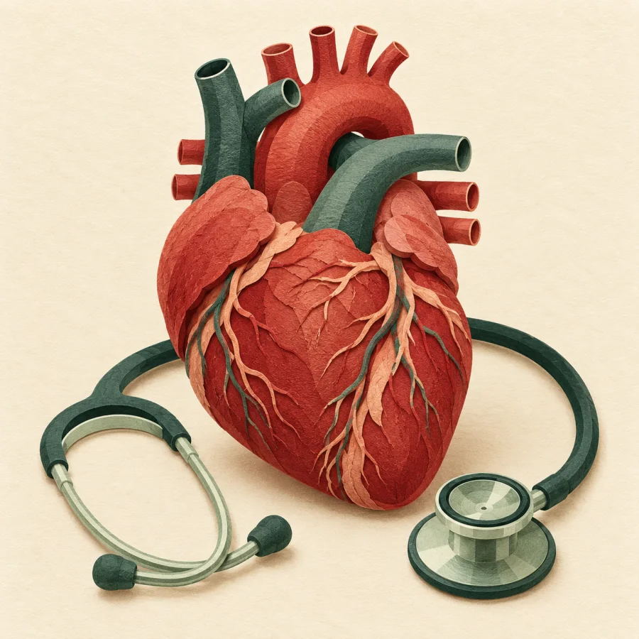 A red anatomical heart with a stethoscope beside it