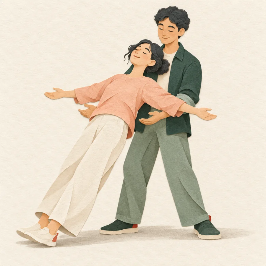 A person leans back trustingly into another's arms