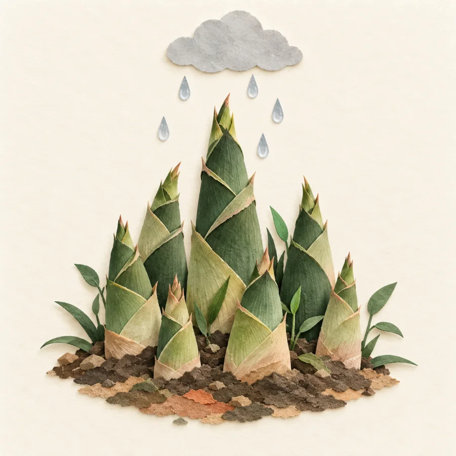 Many bamboo shoots spring up from the ground after rain