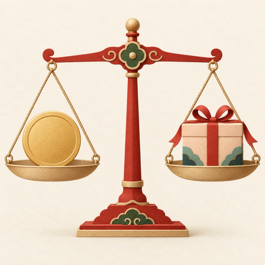 A balance scale with a coin on one pan and a gift box on the other