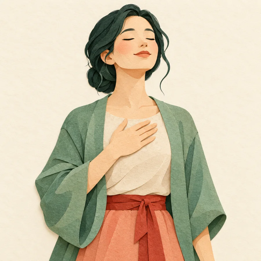 A person takes a deep breath with a hand on the chest