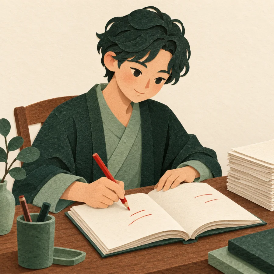 A person at a desk corrects an open book with a red pencil