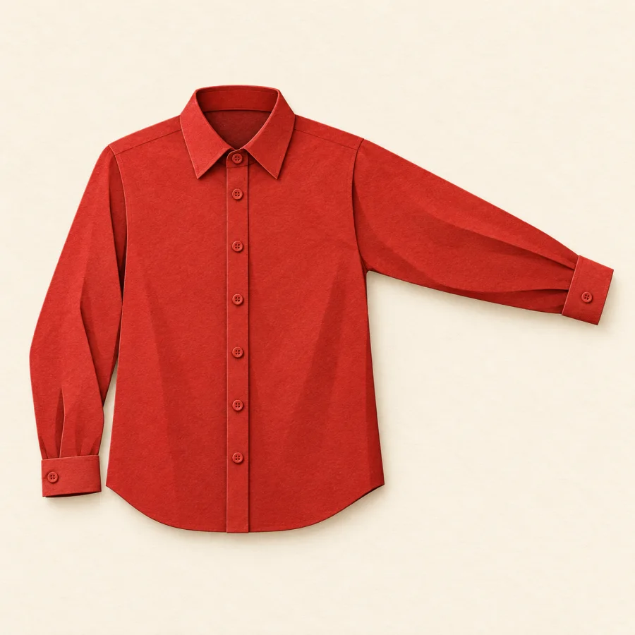 A red shirt with one long sleeve stretched out