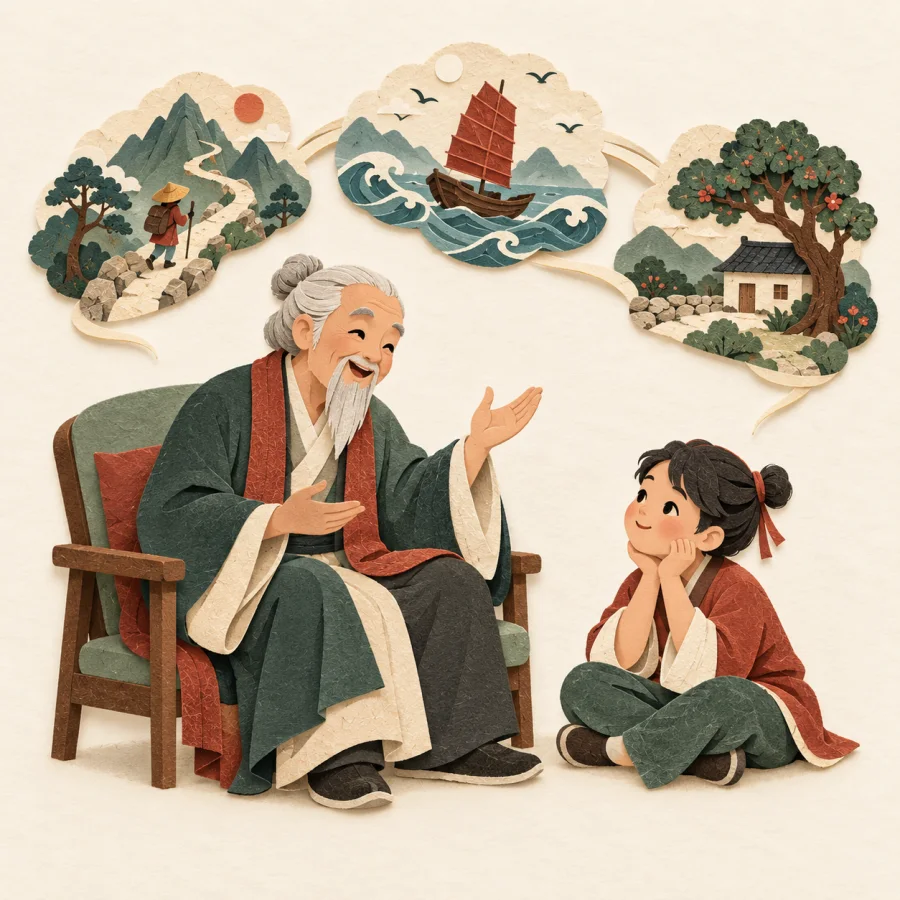 An elder tells a story with small pictures floating above