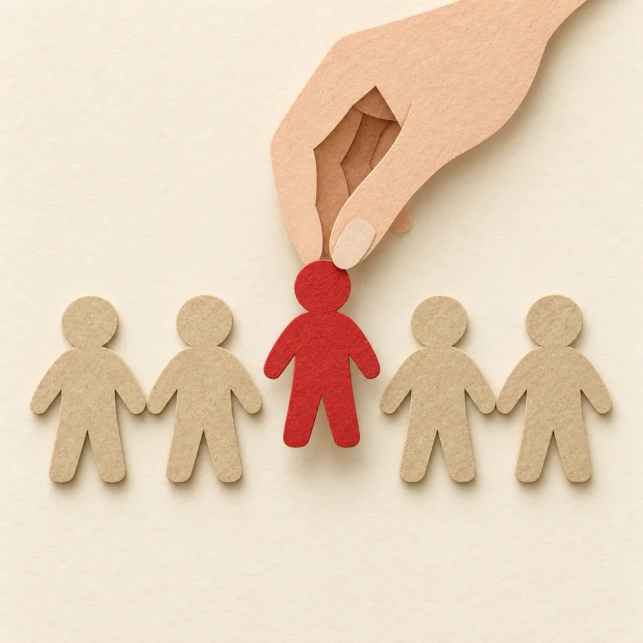 A hand picks one figure out of a line of five